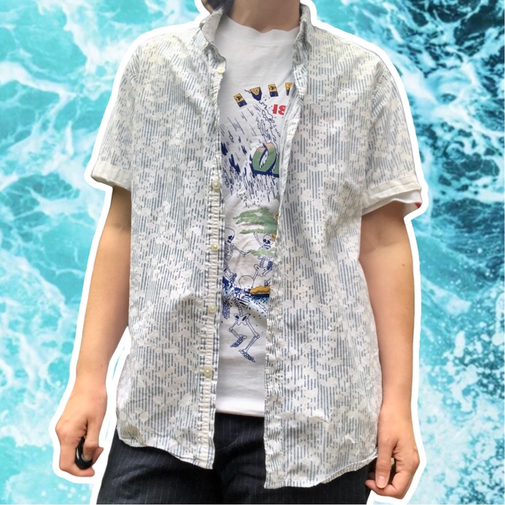 Forever 21 Blue and White Pinstripe Short Sleeve Button Down with Rolled Sleeves